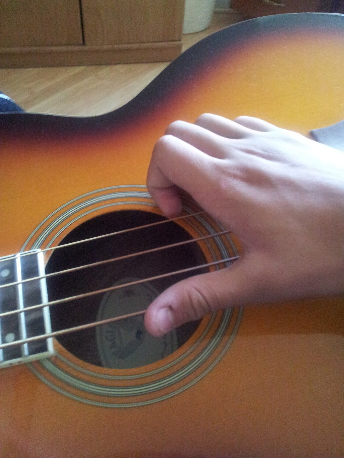 A player's hand on the strings of an acoustic bass.