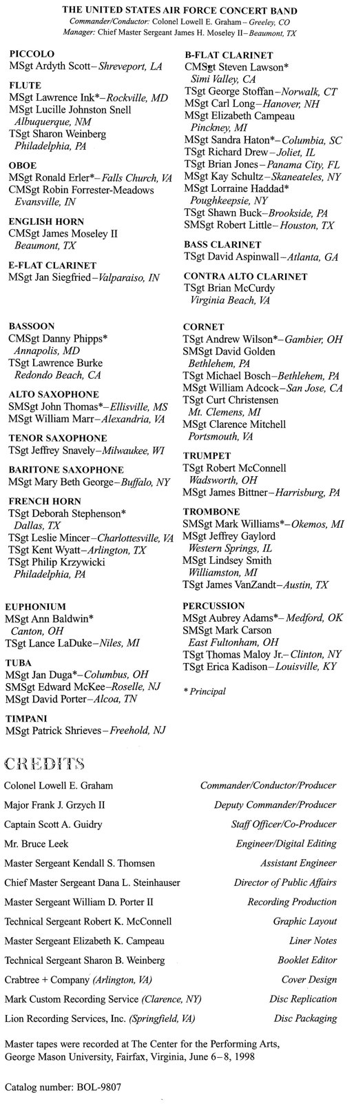 Besetzungs- und Produktionsangaben im Begleitheft eines Albums der U.S. Air Force Band.