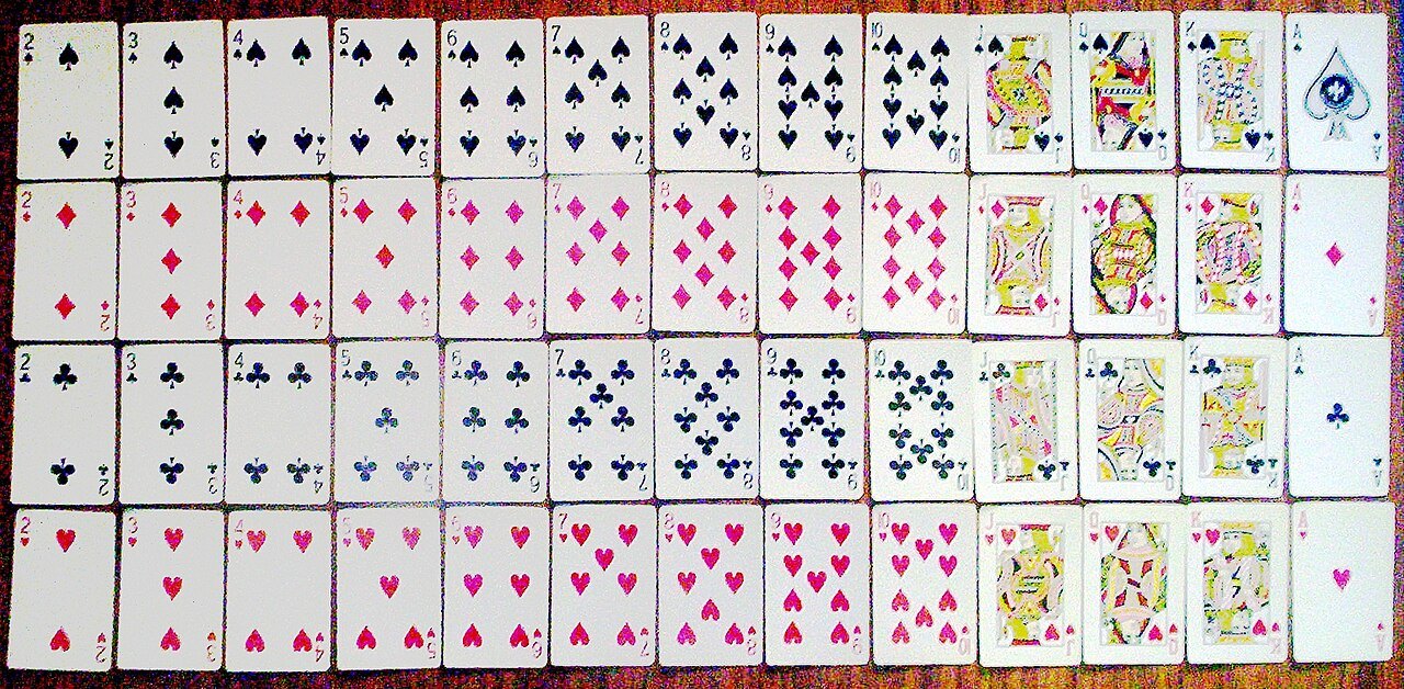 A complete deck of cards arranged by suit and rank.