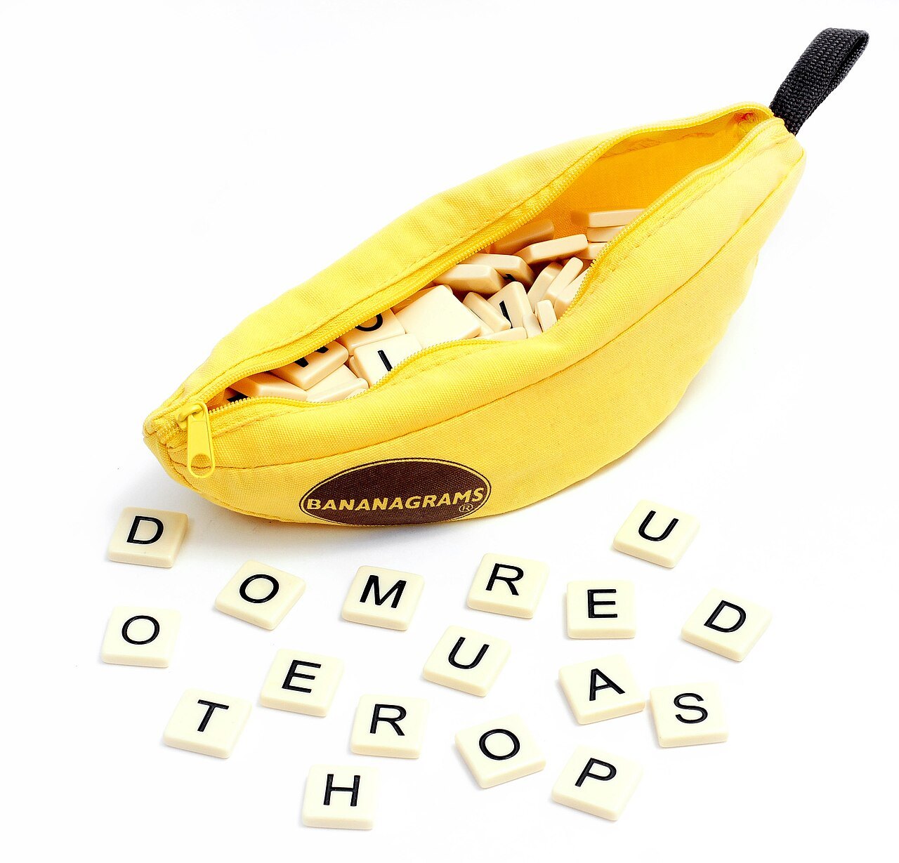 Letter tiles and pouch from the word game Bananagrams.