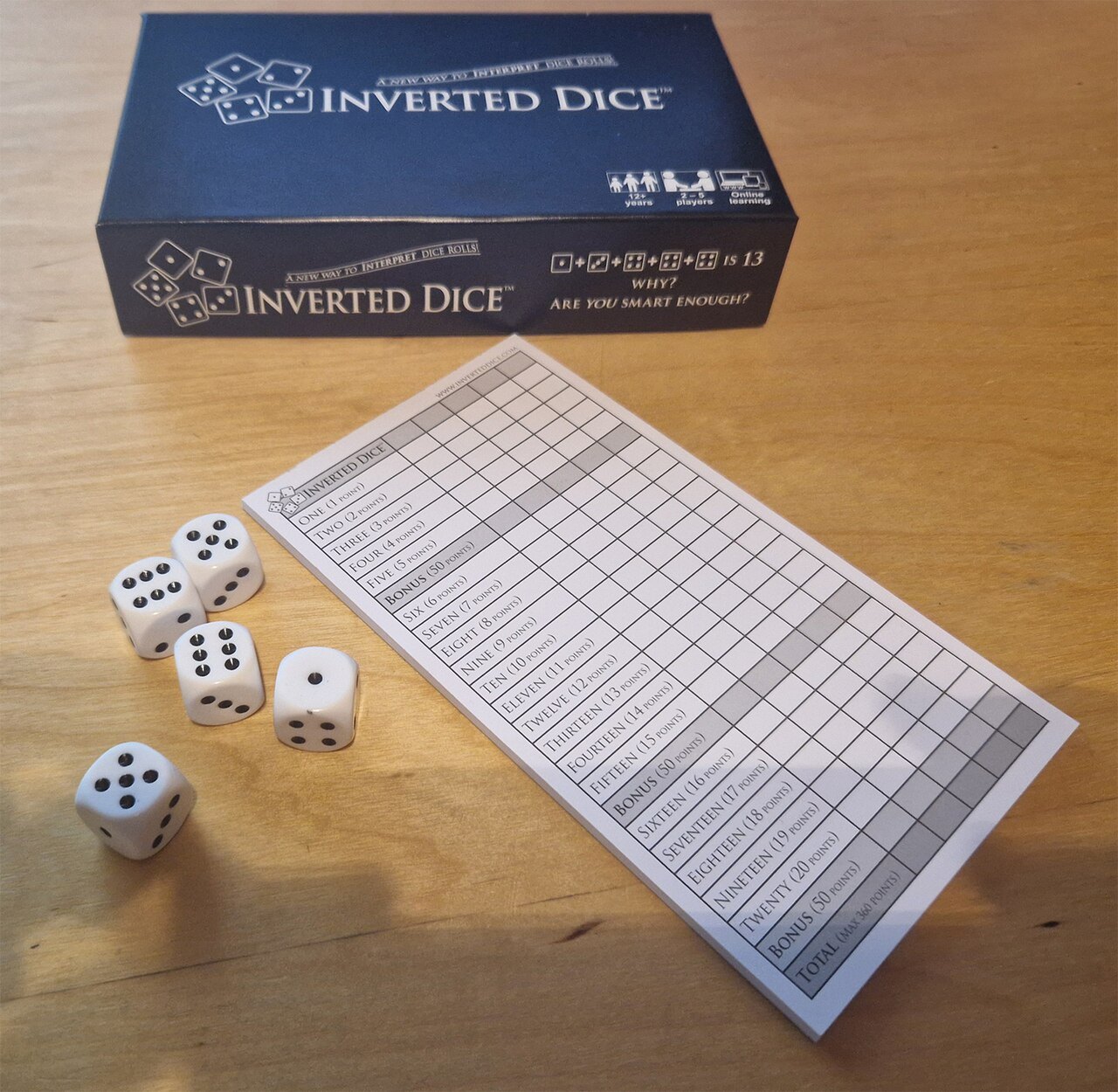 Dice and a score sheet for a dice game.