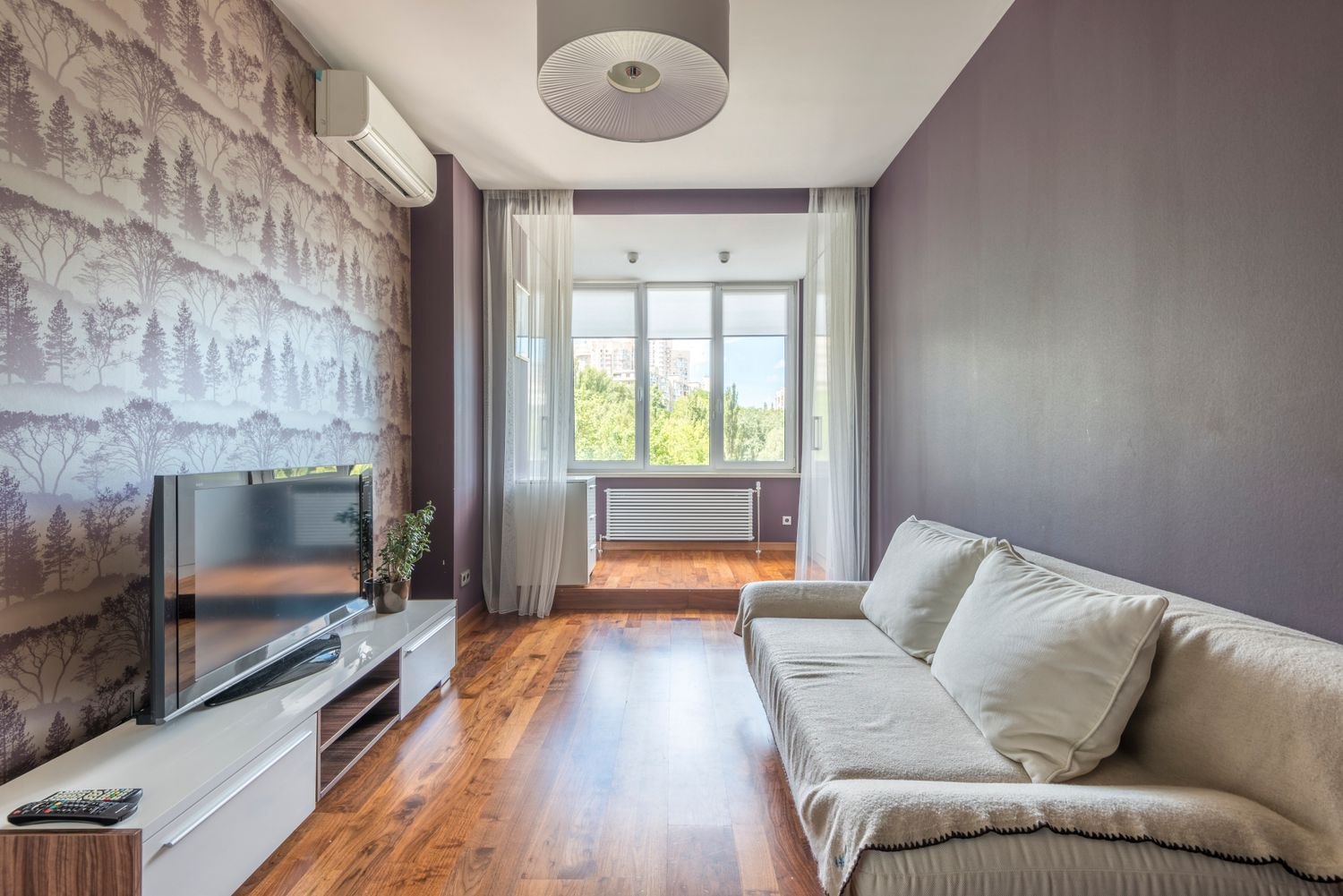 Living room with a sofa facing a television.