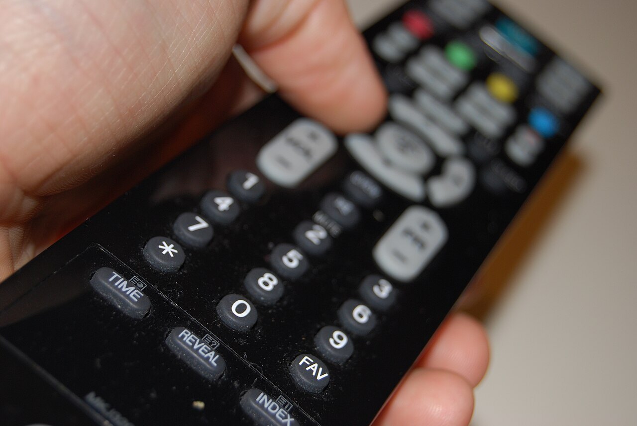 Hand operating a television remote control.