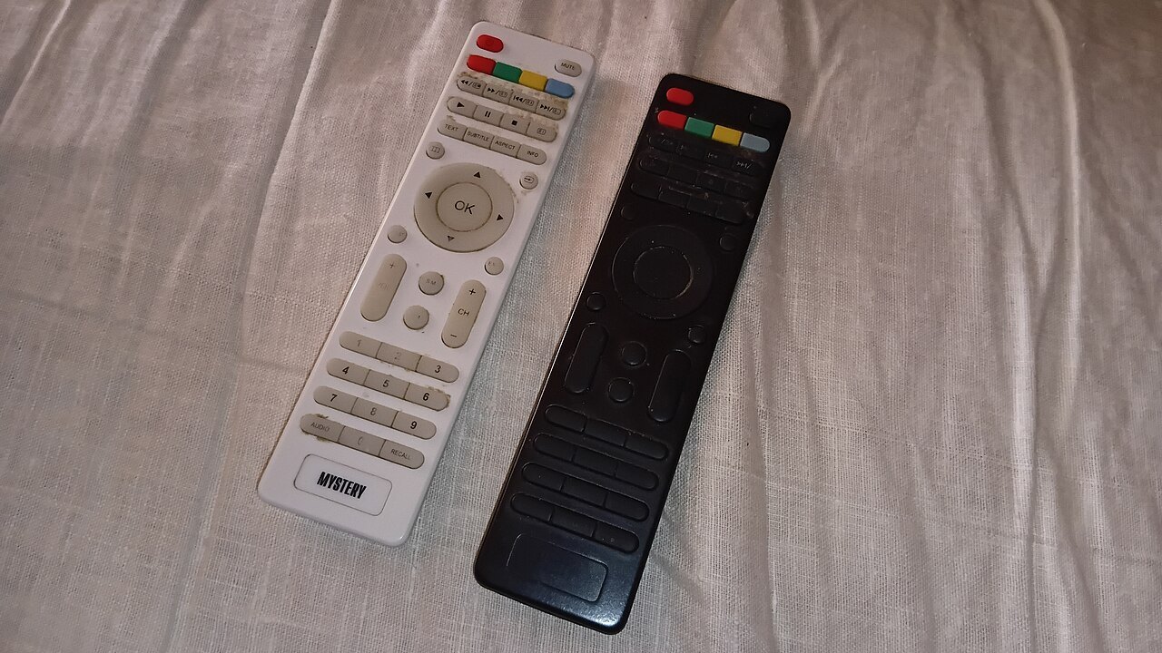 Two remote controls with different button layouts.
