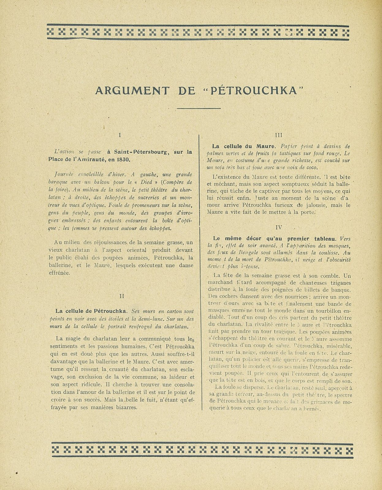Historische Programmseite der Ballets Russes von 1921 mit einer Inhaltsangabe zu Petruschka.