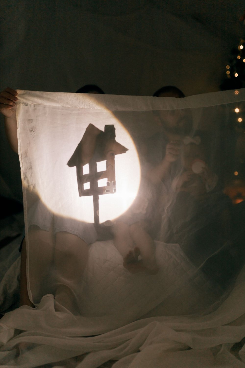 A lit fabric screen reveals the shadow of a house-shaped puppet.
